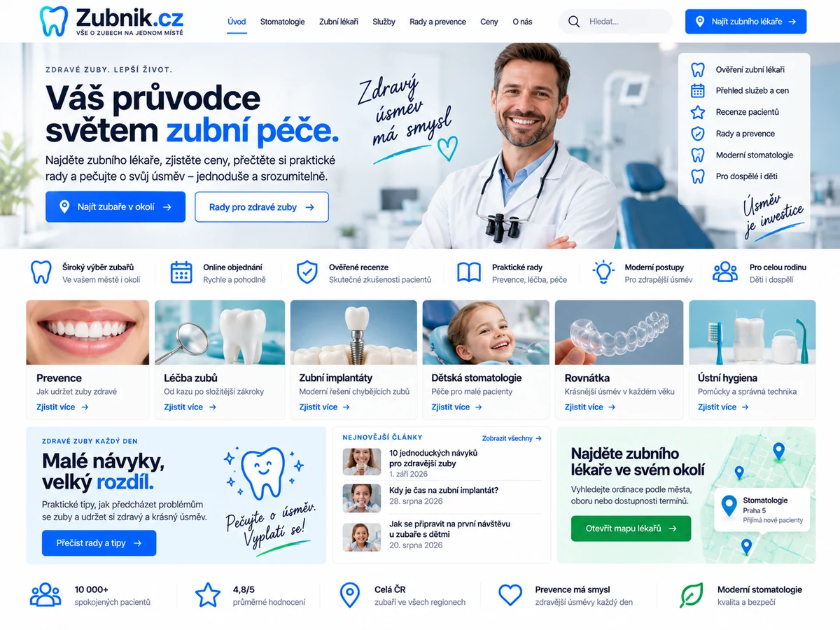 Ilustrační návrh moderního portálu Zubnik.cz pro hledání zubních lékařů, přehled péče a prevenci